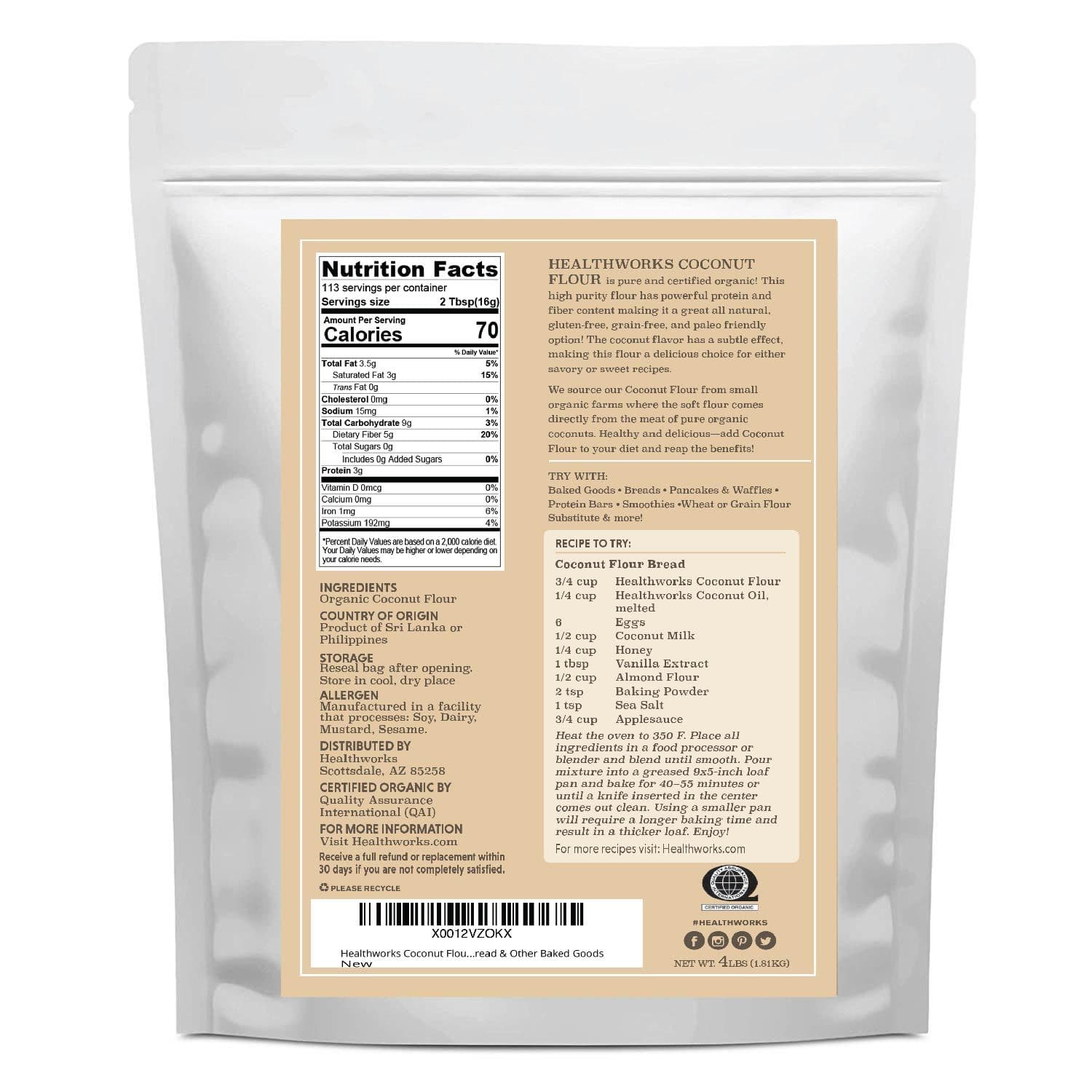 Healthworks Coconut Flour, Raw Organic Unrefined, 4lb - Healthworks Superfood Organic 