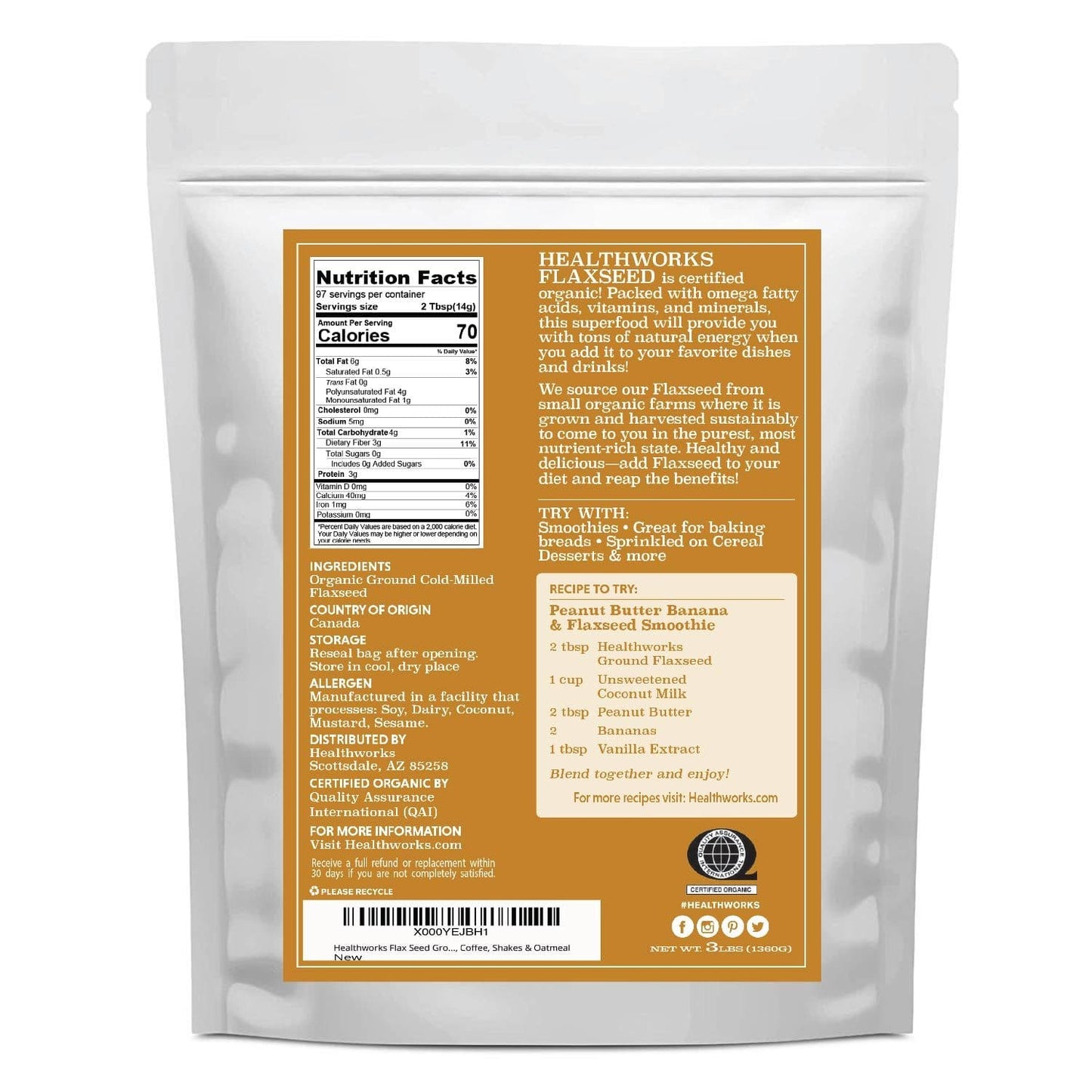 Healthworks Ground Flaxseed Organic Cold-Milled, 3lb - Healthworks Superfood Organic 